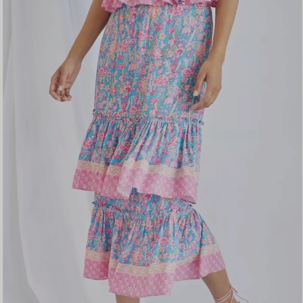 Anthropologie- Plenty: pink/blue flora tiered skirt,  medium